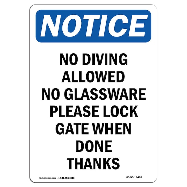 Safety Sign, OSHA Notice, 5" Height, No Diving Allowed No Glassware Sign, Portrait, 10PK